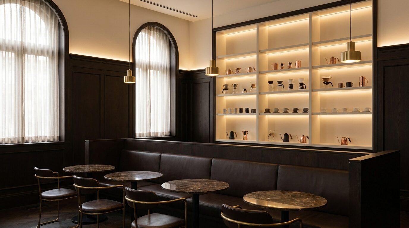 Interior de la cafetería con mesas y barra