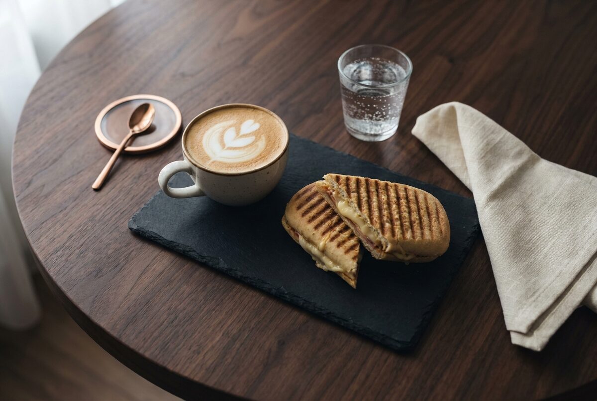 Panini y café servidos en mesa de madera