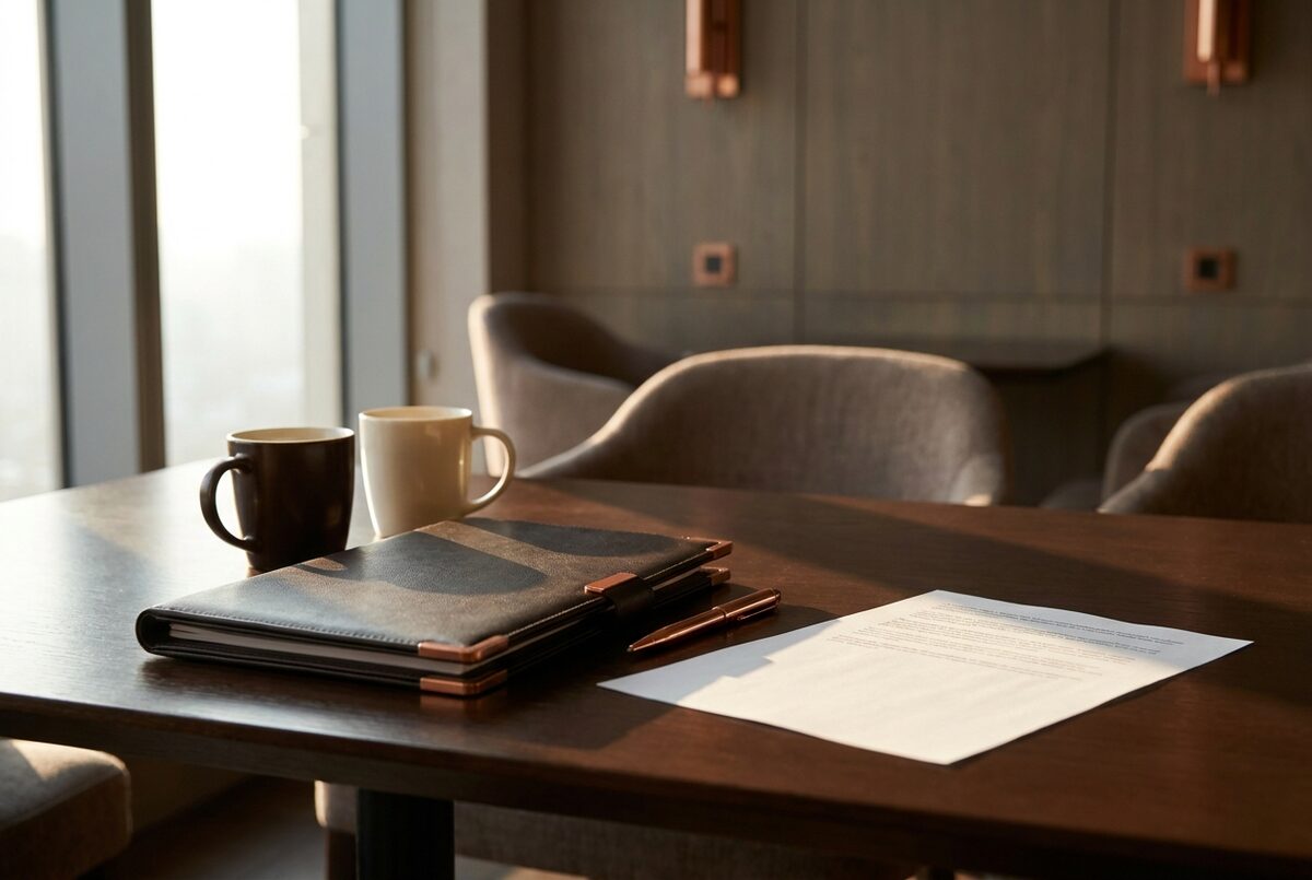 Mesa ejecutiva con dos cafés y una carpeta